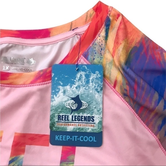 Women's 1x Reel Legends Top Pink Glo Sweeping Palms Almond Blossom Nwt $46. - Picture 4 of 8